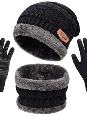 Winter Beanie Hat Scarf Gloves Set Touchscreen Warm Knit Unisex Cold Weather